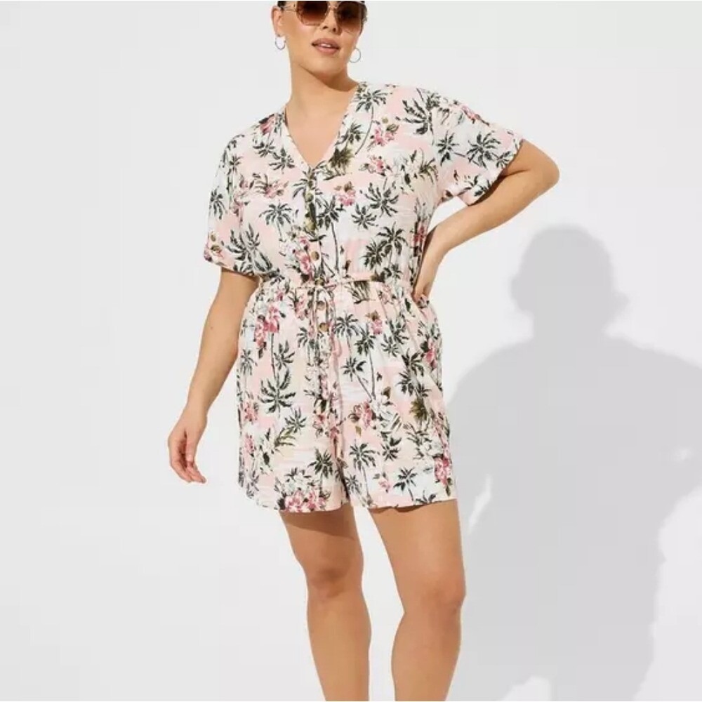 Torrid Womens Tropical Floral Button Front Drawstring Romper Vacation Pink 6